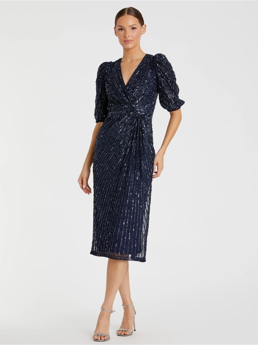 Mac Duggal 5578 Navy Sequined V-Neck Short Puff Sleeve Midi Dress -